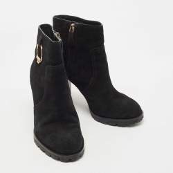 Pre Owned Tory Burch Black Suede Sofia Lugged Logo Charm Ankle Boots Size 39
