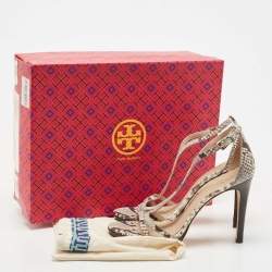 Pre Owned Tory Burch Grey/Black Python Embossed Leather Shelley Sandals Size 38.5