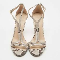 Pre Owned Tory Burch Grey/Black Python Embossed Leather Shelley Sandals Size 38.5