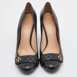 Pre Owned Tory Burch Black Quilted Leather Leila Wedge Pumps Size 40.5