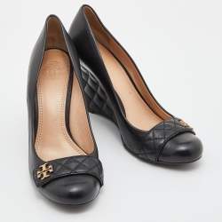 Pre Owned Tory Burch Black Quilted Leather Leila Wedge Pumps Size 40.5
