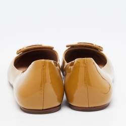 Pre Owned Tory Burch Brown Patent Leather Square Logo Ballet  Flats Size 39