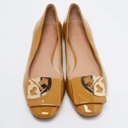 Pre Owned Tory Burch Brown Patent Leather Square Logo Ballet  Flats Size 39