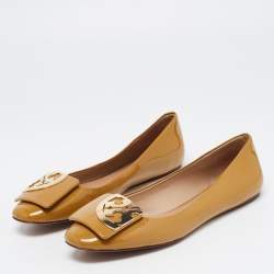 Pre Owned Tory Burch Brown Patent Leather Square Logo Ballet  Flats Size 39