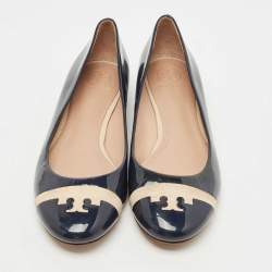Pre Owned Tory Burch Navy Blue Patent Leather Gabrielle Ballet Flats Size 37.5