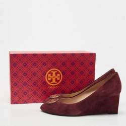 Pre Owned Tory Burch Burgundy Suede Luna Wedge Pumps Size 38.5
