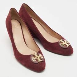Pre Owned Tory Burch Burgundy Suede Luna Wedge Pumps Size 38.5