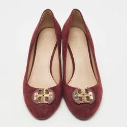 Pre Owned Tory Burch Burgundy Suede Luna Wedge Pumps Size 38.5