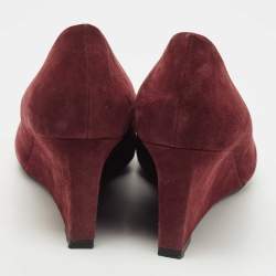 Pre Owned Tory Burch Burgundy Suede Luna Wedge Pumps Size 38.5