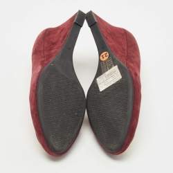 Pre Owned Tory Burch Burgundy Suede Luna Wedge Pumps Size 38.5
