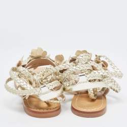 Pre Owned Tory Burch Metallic Gold Leather Blossom Floral Embellished Flat Sandals Size 39.5