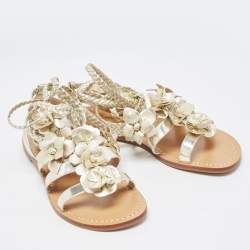Pre Owned Tory Burch Metallic Gold Leather Blossom Floral Embellished Flat Sandals Size 39.5