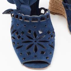 Tory Burch Navy Blue Laser Cut Suede Ankle Tie Wedge Sandals Size 36.5