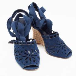 Tory Burch Navy Blue Laser Cut Suede Ankle Tie Wedge Sandals Size 36.5