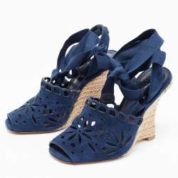 Tory Burch Navy Blue Laser Cut Suede Ankle Tie Wedge Sandals Size 36.5