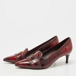 Pre Owned Tory Burch Red/Black Leather Eyelet Pointed Toe Kitten Heel Pumps Size 37.5