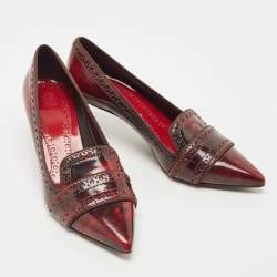 Pre Owned Tory Burch Red/Black Leather Eyelet Pointed Toe Kitten Heel Pumps Size 37.5