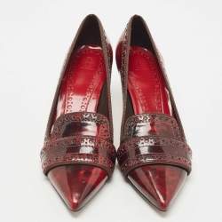 Pre Owned Tory Burch Red/Black Leather Eyelet Pointed Toe Kitten Heel Pumps Size 37.5