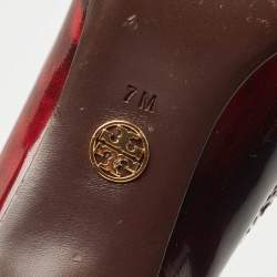 Pre Owned Tory Burch Red/Black Leather Eyelet Pointed Toe Kitten Heel Pumps Size 37.5