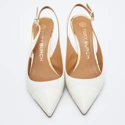 Pre Owned Tory Burch White Patent and Leather Penelope Slingback Pumps Size 39.5