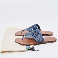 Pre Owned Tory Burch Navy Blue Lattice Leather Flat Thong Sandals Size 38