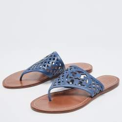 Pre Owned Tory Burch Navy Blue Lattice Leather Flat Thong Sandals Size 38
