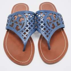 Pre Owned Tory Burch Navy Blue Lattice Leather Flat Thong Sandals Size 38