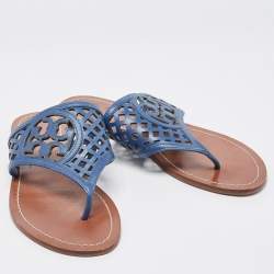 Pre Owned Tory Burch Navy Blue Lattice Leather Flat Thong Sandals Size 38