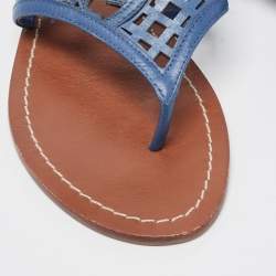 Pre Owned Tory Burch Navy Blue Lattice Leather Flat Thong Sandals Size 38