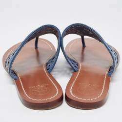Pre Owned Tory Burch Navy Blue Lattice Leather Flat Thong Sandals Size 38