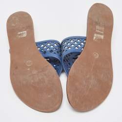 Pre Owned Tory Burch Navy Blue Lattice Leather Flat Thong Sandals Size 38