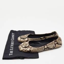 Pre Owned Tory Burch Beige/Brown Python Embossed Leather Ballet Flats Size 39.5