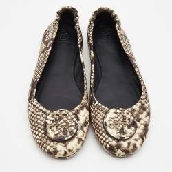 Pre Owned Tory Burch Beige/Brown Python Embossed Leather Ballet Flats Size 39.5