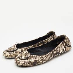 Pre Owned Tory Burch Beige/Brown Python Embossed Leather Ballet Flats Size 39.5