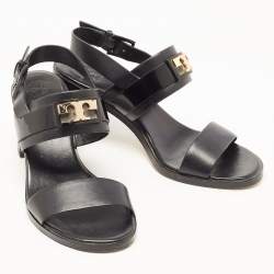 Pre Owned Tory Burch Black Leather Gigi Block Heel Slingback Sandals Size 37