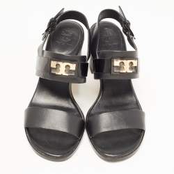 Pre Owned Tory Burch Black Leather Gigi Block Heel Slingback Sandals Size 37