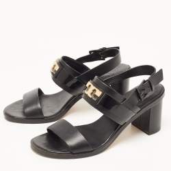 Pre Owned Tory Burch Black Leather Gigi Block Heel Slingback Sandals Size 37