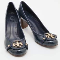 Pre Owned Tory Burch Blue Patent Leather Block Heel Pumps Size 37.5