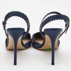 Pre Owned Tory Burch Blue Leather Floral Appliquéd Scalloped Marguerite Ankle Strap Sandals Size 39