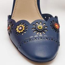 Pre Owned Tory Burch Blue Leather Floral Appliquéd Scalloped Marguerite Ankle Strap Sandals Size 39