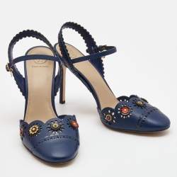 Pre Owned Tory Burch Blue Leather Floral Appliquéd Scalloped Marguerite Ankle Strap Sandals Size 39