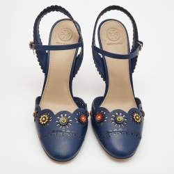 Pre Owned Tory Burch Blue Leather Floral Appliquéd Scalloped Marguerite Ankle Strap Sandals Size 39