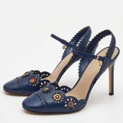Pre Owned Tory Burch Blue Leather Floral Appliquéd Scalloped Marguerite Ankle Strap Sandals Size 39