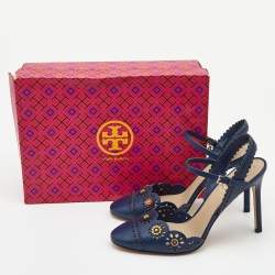 Pre Owned Tory Burch Blue Leather Floral Appliquéd Scalloped Marguerite Ankle Strap Sandals Size 39
