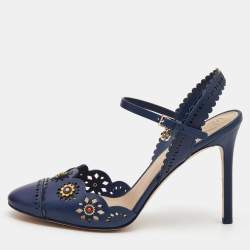 Pre Owned Tory Burch Blue Leather Floral Appliquéd Scalloped Marguerite Ankle Strap Sandals Size 39
