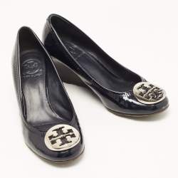 Tory Burch Navy Blue Patent Leather Wedge Pumps Size 36.5 