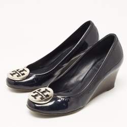 Tory Burch Navy Blue Patent Leather Wedge Pumps Size 36.5 
