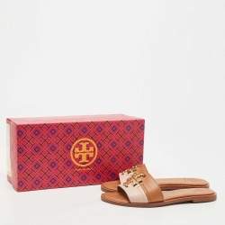 Pre Owned Tory Burch Brown/Beige Leather Everly Slide Flats Size 35.5