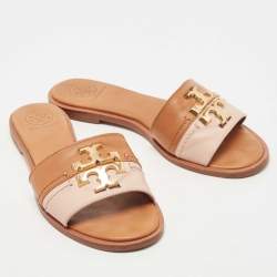 Pre Owned Tory Burch Brown/Beige Leather Everly Slide Flats Size 35.5