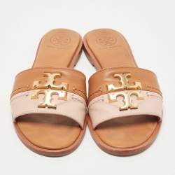 Pre Owned Tory Burch Brown/Beige Leather Everly Slide Flats Size 35.5